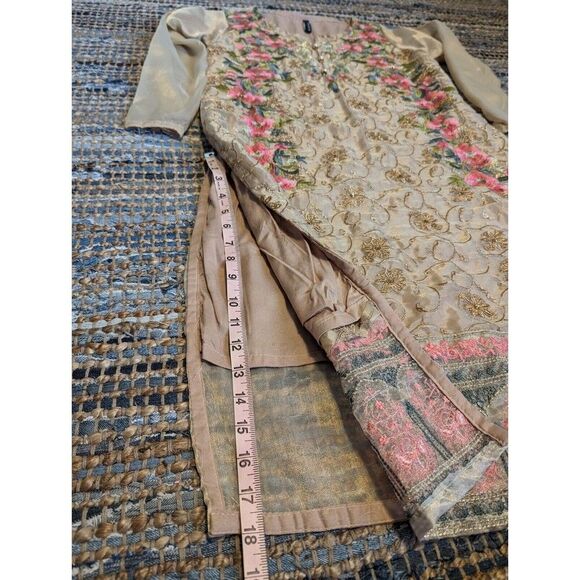 Hayat Embroidered Beige Pink Green Floral Kurti Dress S/M Ethereal Special Occas - Picture 5 of 14